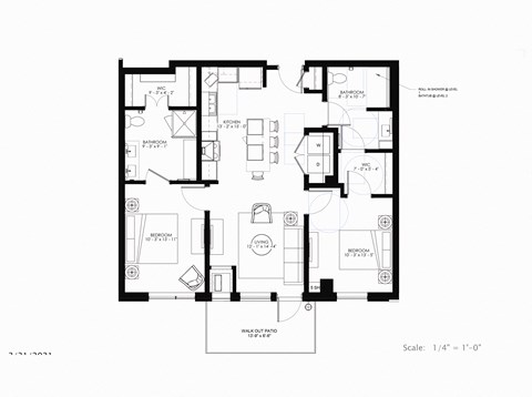 Floor plan for 2 beds, 2 baths, 1056 sqft